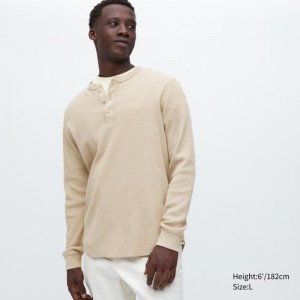 Beige Women Uniqlo Waffle Long-sleeve Henley T Shirts | USA BQTVX-1963