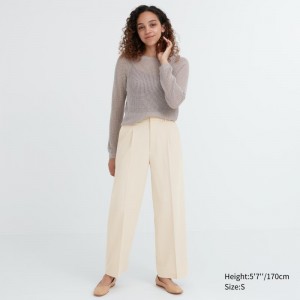 Beige Women Uniqlo Wide-fit Pleated Pants | USA NZDFT-6972