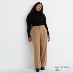 Beige Women Uniqlo Wide-fit Pleated Pants | USA SQBMP-6375