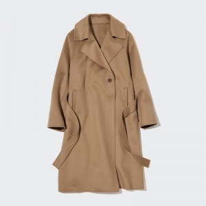 Beige Women Uniqlo Wool Blend Long Coats | USA JASUY-7349