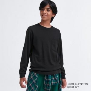 Black Kids Uniqlo Soft Brushed Crew Neck Long-sleeve T Shirts | USA UJOIG-7418