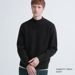 Black Men Uniqlo 3d Knit Souffle Yarn Mock Neck Sweaters | USA LVAON-7235