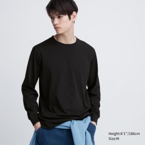 Black Men Uniqlo Airism Cotton Uv Protection Crew Neck Long-sleeve T Shirts | USA KMOFR-2075