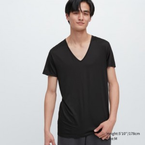 Black Men Uniqlo Airism V-neck Short-sleeve T Shirts | USA BAODP-7310