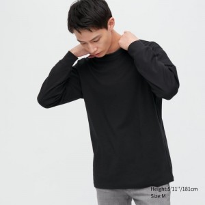 Black Men Uniqlo Brushed Cotton Crew Neck Long-sleeve T Shirts | USA MBZGT-2931