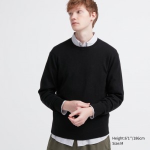 Black Men Uniqlo Cashmere Crew Neck Long-sleeve Sweaters | USA VEKUR-2751