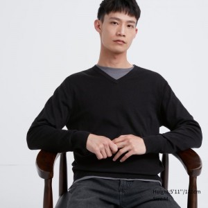 Black Men Uniqlo Extra Fine Merino V-neck Sweaters | USA XHJFR-9458