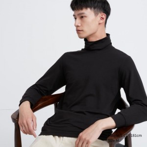 Black Men Uniqlo Heattech Extra Warm Cotton Turtleneck T Shirts | USA QKUZI-3816