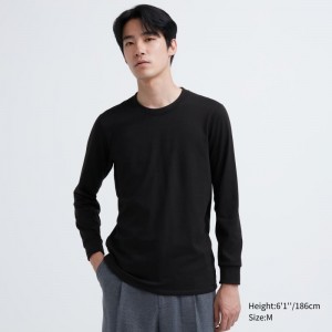 Black Men Uniqlo Heattech Ultra Warm Crew Neck T Shirts | USA UNBMO-8931