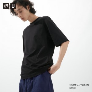 Black Men Uniqlo U Airism Cotton Oversized Crew Neck Half-sleeve T Shirts | USA HLRGC-6052