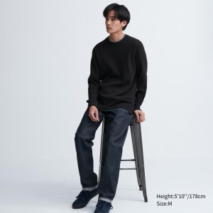 Black Men Uniqlo Waffle Crew Neck Long-sleeve T Shirts | USA MHRIY-5160