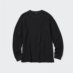 Black Men Uniqlo Waffle Crew Neck Long-sleeve T Shirts | USA LJTFO-1306