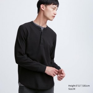 Black Men Uniqlo Waffle Henley Neck Long-sleeve T Shirts | USA HBQON-6975