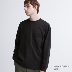 Black Men Uniqlo Washed Cotton Crew Neck Long-sleeve T Shirts | USA UMWCG-2947