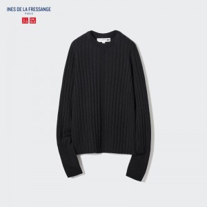 Black Women Uniqlo 3d Knit Wide Ribbed Crew Neck (Ines De La Fressange) Sweaters | USA OMVUN-7240