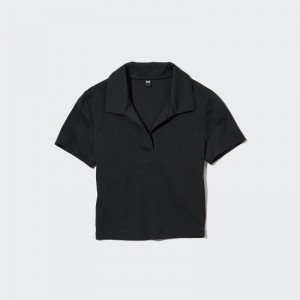 Black Women Uniqlo Cropped Skipper Short-sleeve Polo Shirts | USA DSWOK-7523