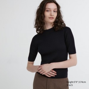 Black Women Uniqlo Extra Fine Merino Ribbed Mock Neck Half-sleeve Sweaters | USA RBQVM-7638