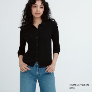 Black Women Uniqlo Extra Fine Merino Ribbed Polo Cardigan | USA OSNYC-4052