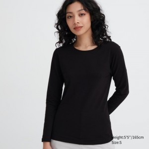 Black Women Uniqlo Heattech Cotton Crew Neck Long-sleeve (Extra Warm) T Shirts | USA ESBTR-4205