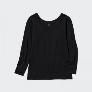 Black Women Uniqlo Heattech Cotton Scoop Neck Long-sleeve (Extra Warm) T Shirts | USA IPGOU-8736