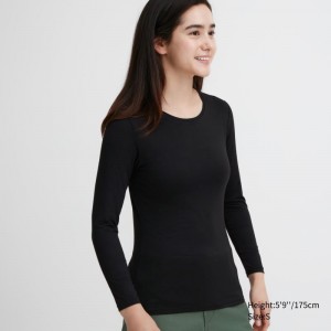 Black Women Uniqlo Heattech Crew Neck Long-sleeve T Shirts | USA CTIZP-3905