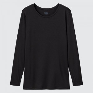 Black Women Uniqlo Heattech Crew Neck Long-sleeve T Shirts | USA UOADM-6347