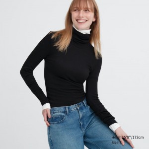 Black Women Uniqlo Heattech Extra Warm Seamless Ribbed Turtleneck Long-sleeve T Shirts | USA JNIDG-4157