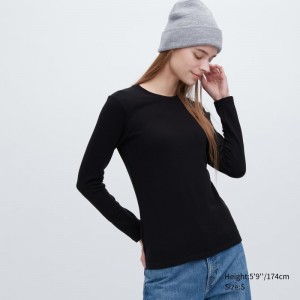 Black Women Uniqlo Heattech Ultra Warm Crew Neck Long-sleeve T Shirts | USA CIFEQ-5712