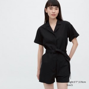 Black Women Uniqlo Linen Blend Short-sleeve Romper Dress | USA OJDFL-1845