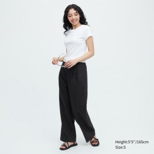 Black Women Uniqlo Linen Blend Tucked Wide Pants | USA ZAYXL-2185