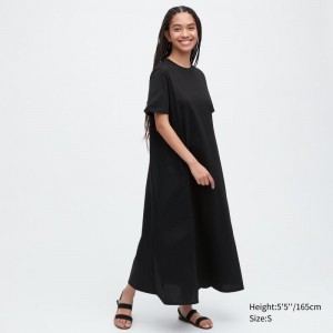 Black Women Uniqlo Mercerized Cotton Short-sleeve A-line Dress | USA FYUQM-3491