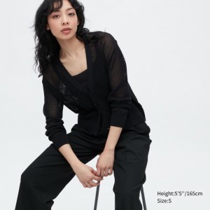 Black Women Uniqlo Mesh Long-sleeve Short Cardigan | USA PHILG-4126