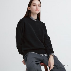 Black Women Uniqlo Premium Lambswool Crew Neck Long-sleeve Sweaters | USA ZYEAH-5930