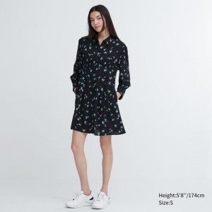 Black Women Uniqlo Printed V-neck Long-sleeve Mini Dress | USA YCKIF-8340