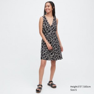 Black Women Uniqlo Printed V-neck Sleeveless Mini Dress | USA BAKET-8153