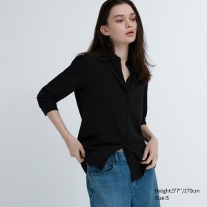 Black Women Uniqlo Rayon Long-sleeve Blouse | USA YRGOF-9435