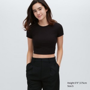 Black Women Uniqlo Ribbed Crew Neck Short-sleeve Cropped T Shirts | USA XWTQE-8563