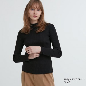 Black Women Uniqlo Ribbed High Neck Long-sleeve T Shirts | USA TZYGS-8529