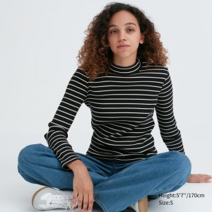 Black Women Uniqlo Ribbed Striped High Neck Long-sleeve T Shirts | USA GEBOJ-6503