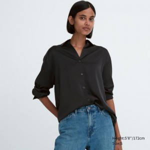 Black Women Uniqlo Satin Long Sleeve Blouse | USA CLMKQ-3786