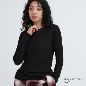 Black Women Uniqlo Sheer Jersey Crew Neck Long-sleeve T Shirts | USA TNXDV-1346