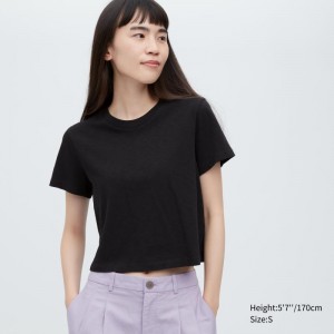 Black Women Uniqlo Slub Jersey Cropped Short-sleeve T Shirts | USA IHJFW-2436