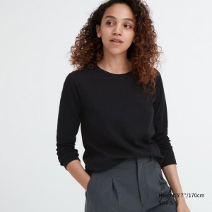 Black Women Uniqlo Smooth Stretch Cotton Crew Neck Long-sleeve T Shirts | USA JDBZL-4718