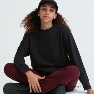 Black Women Uniqlo Soft Knitted Fleece Crew Neck Long-sleeve T Shirts | USA UMNYT-2589