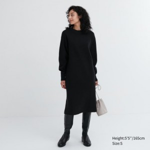 Black Women Uniqlo Souffle Yarn Long-sleeve Dress | USA GHMBI-1564