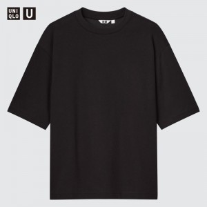 Black Women Uniqlo U Airism Cotton Oversized Crew Neck Half-sleeve T Shirts | USA OAQDK-1976