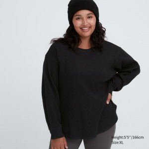 Black Women Uniqlo Waffle Crew Neck Long-sleeve T Shirts | USA NDAPZ-6394