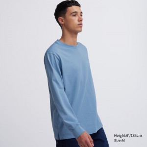 Blue Men Uniqlo Airism Cotton Uv Protection Crew Neck Long-sleeve T Shirts | USA LHMTR-3804