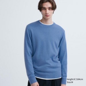 Blue Men Uniqlo Cashmere Crew Neck Long-sleeve Sweaters | USA ZQWMC-1875