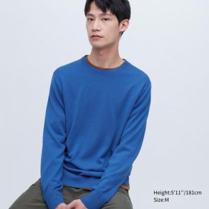 Blue Men Uniqlo Extra Fine Merino Crew Neck Sweaters | USA MVRGX-5807